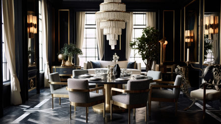 Interior design inspiration of Art Deco Glamorous style home dining room loveliness decorated with Brass and Marble material and Chandelier .Generative AI home interior design .の素材