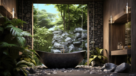 The interior design of wooden and pebbles bathroom style and square bathtub in dark tone color with nature view. Generative AI image AIG30.の素材