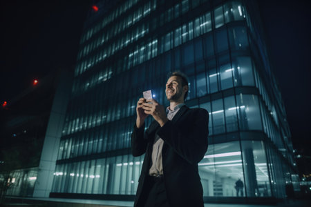 Wide angle shot of a young caucasian businessman executive using mobile phone with background of modern office buildings at night. Generative AI AIG18.の素材