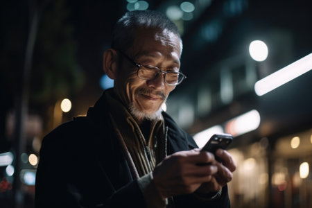 a senior chinese japanese man trendy clothes using mobile phone with background of urban city street at night Generative AI AIG18.の素材