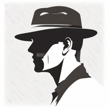 Designed graphic contouring monochrome in wearing hat man. Concept of smart trendy dramatic characteristic profile isolated on white background. Finest generative AI.の素材