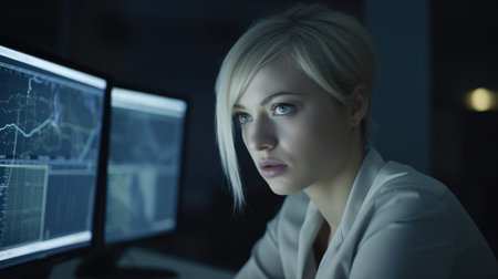 Financial Analyst Female Caucasian Young Adult Analyzing charts and graphs on a computer at a desk in Indoor office. Generative AI AIG22.の素材