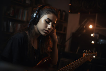 Female Middle Eastern teenager playing music in home studio sound. Generative AI AIG23.の素材