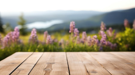 The empty wooden brown table top with blur background of Norway in summer. Exuberant image.の写真素材