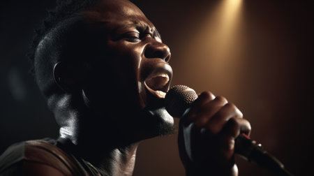 Heavy Metal Singer Male African-American Young Adult Performing live music for an audience, singing heavy metal songs in music festival. Generative AI AIG22.の素材