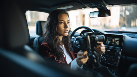 CEO Female Caucasian Young Adult Conducting a video call with a remote team from a parked car. Generative AI AIG22.の素材