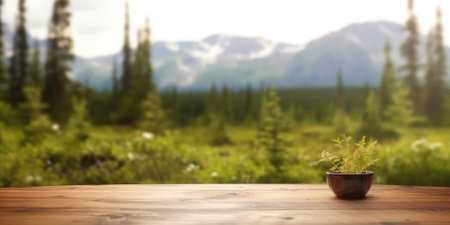 The empty wooden table top with blur background of Alaska nature. Generative AI image AIG30.の素材