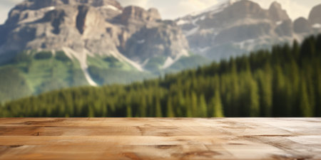 The empty wooden brown table top with blur background of dolomite mountain. Exuberant image.の写真素材