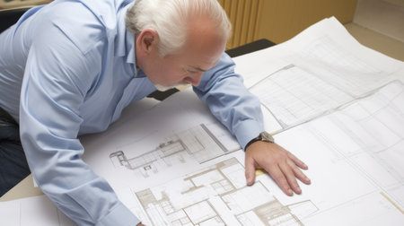 Architect Male Caucasian Middle-aged Drawing blueprint. Generative AI AIG22.の素材