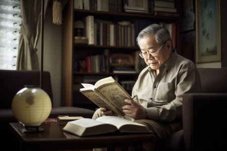 Female Asian elderly reading books in living room casual relaxing. Generative AI AIG23.の素材