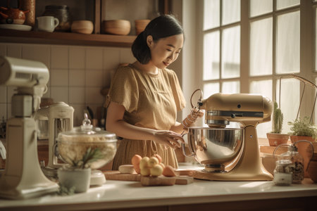 Female Asian adult cooking in kitchen apron chef uniform. Generative AI AIG23.の素材
