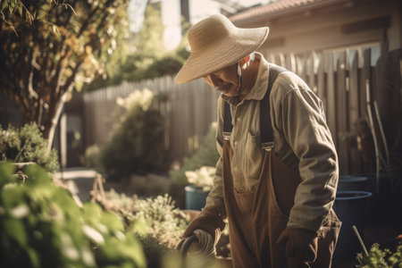 Male Native American 60s gardening in backyard plants overalls. Generative AI AIG23.の素材