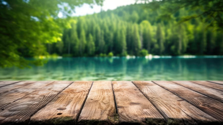 The empty wooden table top with blur background of Plitvice lakes. Exuberant image.の写真素材