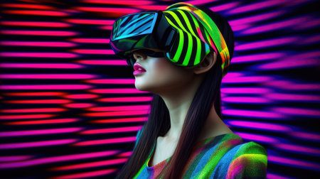 Young female model wearing VR posing with trendy fashion outfit and colorful optical art abstract background. Picturesque generative AIの素材