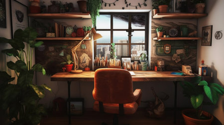 Modern workplace with a laptop in room decorated with green potted plants. Generative AI AIG27.の素材