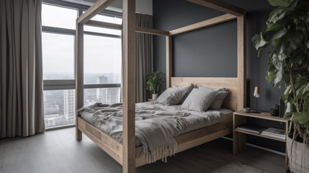 Interior design of Bedroom in Scandinavian style with Canopy Bed decorated with Linen, Wood material. Modern, Minimalist architecture. Generative AI AIG24.の素材