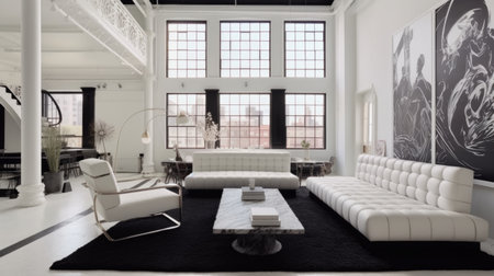Clean and bright Interior home design in black and white color with staircase and a view of skyscraper. Generative AI AIG27.の素材