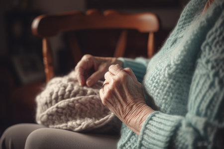 Female Caucasian elderly knitting cozy sweater warmth living room. Generative AI AIG23.の素材