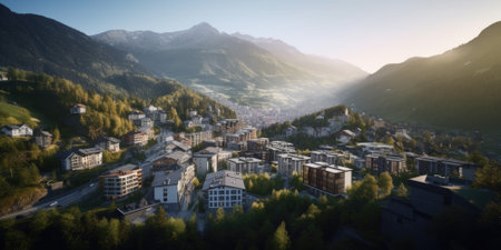 Urban city center on an alpine mountain majestic calm. Generative AI AIG18.の素材