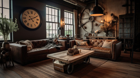 Living room decor, home interior design . Rustic Industrial style with Fireplace decorated with Wood and Metal material . Generative AI AIG26.の素材