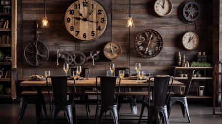 Interior design inspiration of Industrial Rustic style home dining room loveliness decorated with Metal and Wood material and Edison Bulb Pendant Light .Generative AI home interior design .の素材
