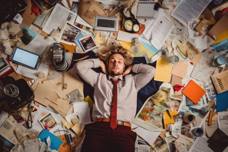 A top view of an overworked young Scandinavian businessman lying on the floor that is full of papers and documents in an office scene. Generative AI image AIG30.の素材