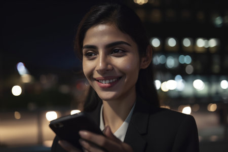 a young mexican hispanic businesswoman executive using mobile phone with background of modern office buildings at night Generative AI AIG18.の素材