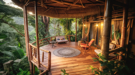 Balcony of tropical treehouse in jungle. Generative AI image AIG30.の素材