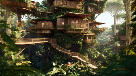 The complex tree house with multiple floors in tropical jungle. Generative AI image AIG30.の素材