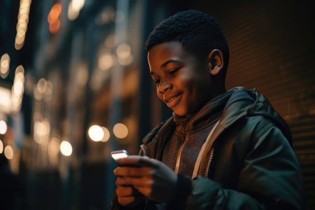 Low angle shot of a young african-american 10-year-old little boy trendy clothes using mobile phone with background of urban city street at night. Generative AI AIG18.の素材