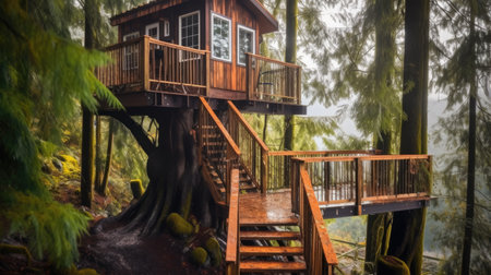 The treehouse exterior in the forest in Canada. Generative AI image AIG30.の素材