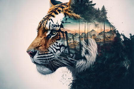 Striped bengal tiger in double exposure merge its head with wondrous lush forest design in background as majestic adventurous wildlife in nature by Generative AI.の素材