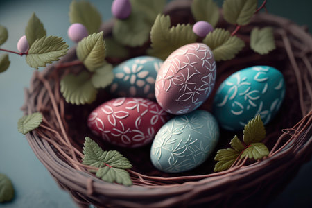 Easter eggs in basket. Colorful Easter festival celebration. superlative generative AI image.の素材