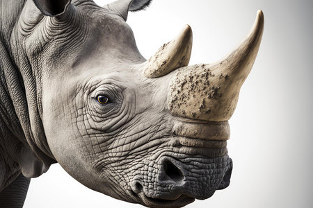 Close up of rhino white background. Generative AI AIG16.の素材