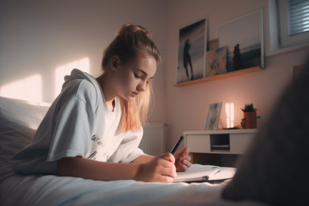 Female Caucasian teenager studying in bedroom study smart. Generative AI AIG23.の素材