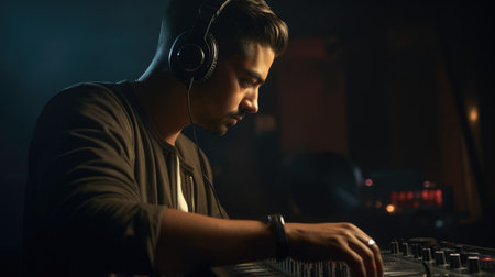 DJ Male Hispanic Young Adult Mixing and playing music for a live event in Nightclub. Generative AI AIG22.の素材
