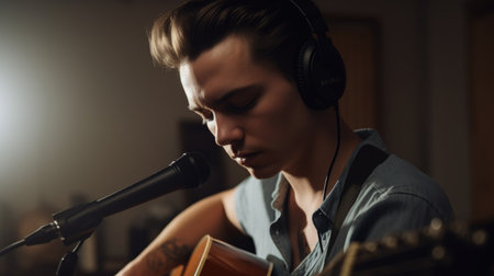 Indie Singer Male Caucasian Young Adult Writing and recording music for independent album release in Home studio. Generative AI AIG22.の素材