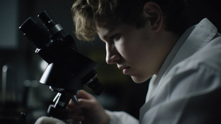 Scientist Male Caucasian Young adult Conducting an experiment in Laboratory. Generative AI AIG22.の素材