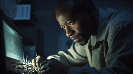 Engineer Male African-American Mature Working on a computer in Laboratory. Generative AI AIG22.の素材