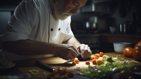 Chef Male Caucasian Middle-aged Chopping vegetables in Kitchen. Generative AI AIG22.の素材