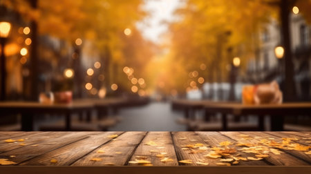 The empty wooden table top with blur background of European street in autumn. Generative AI image AIG30.の素材