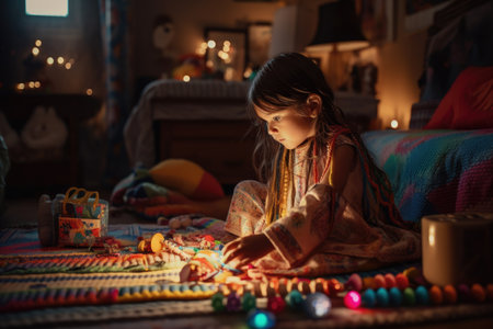 Female Native American child playing with toy in living room. Generative AI AIG23.の素材