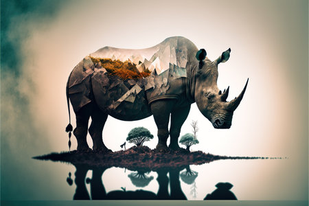 White rhinoceros in savannah landscape, drinking water from pond in african jungle, natural and wilderness abstract art background. Superb Generative AI.の素材