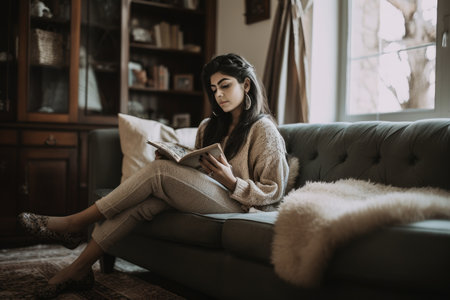 Female Middle Eastern 30s reading books in living room couch casual relaxing. Generative AI AIG23.の素材