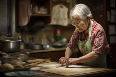 Female Asian senior cooking in kitchen apron chef attire. Generative AI AIG23.の素材