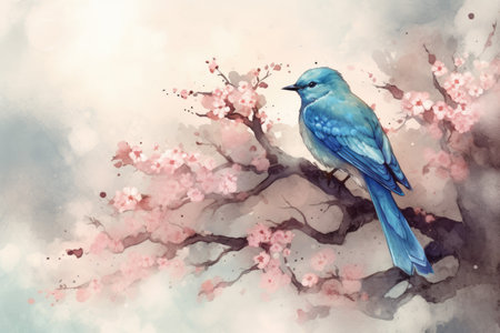a bluebird perched on a tree branch and surrounded by a flurry of falling cherry blossom petals Generative AI AIG18.の素材