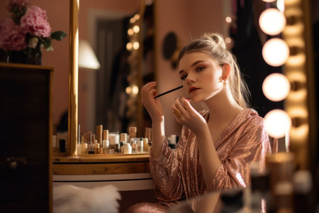 Female Caucasian teenager doing makeup in bedroom glamor. Generative AI AIG23.の素材
