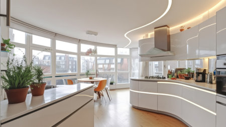 The interior area of a modern kitchen with a curved design and a dining table, featuring a view of the buildings. Generative AI AIG27.の素材