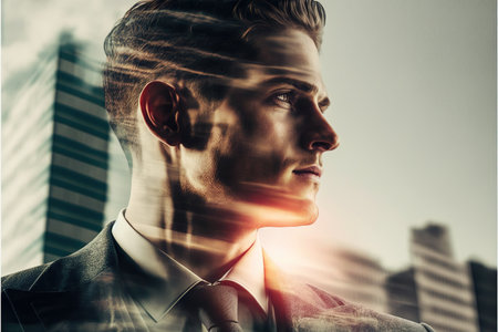 Ambitious businessman portrait in black suit-clad with background residential city highrise buildings in double exposure, Successful businesspeople with strategic plans. Superb Generative AI.の素材
