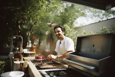 Male Hispanic adult cooking outdoor kitchen stove. Generative AI AIG23.の素材